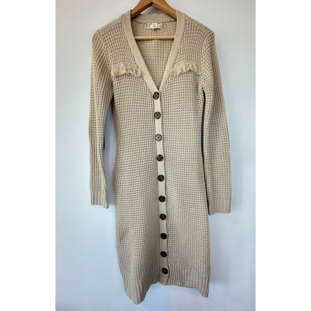 Pink Rose Womens Oatmeal Waffle Knit Sweater Dress Cardigan Fringe Elbow Patch L